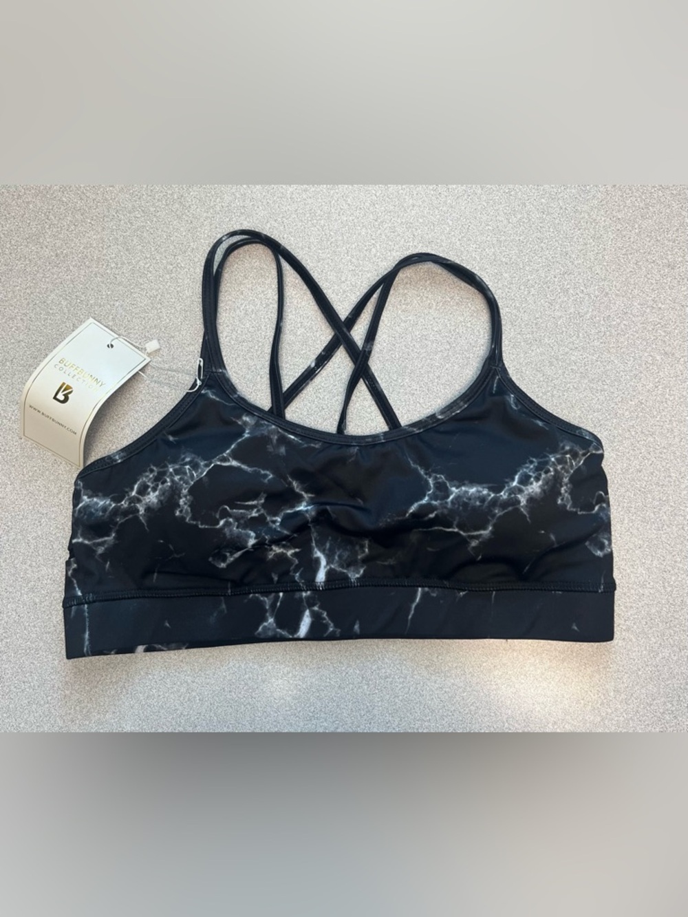 NWT BuffBunny Collection Black Marble Sports Bra Women's Size Medium